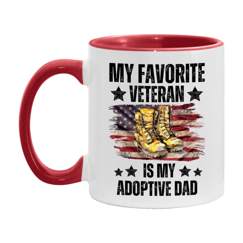 Veteran Gift Mug, My Favorite Veteran Is My Adoptive Dad, 11oz or 15oz Ceramic Coffee Cup Gift for Adoptive Dad