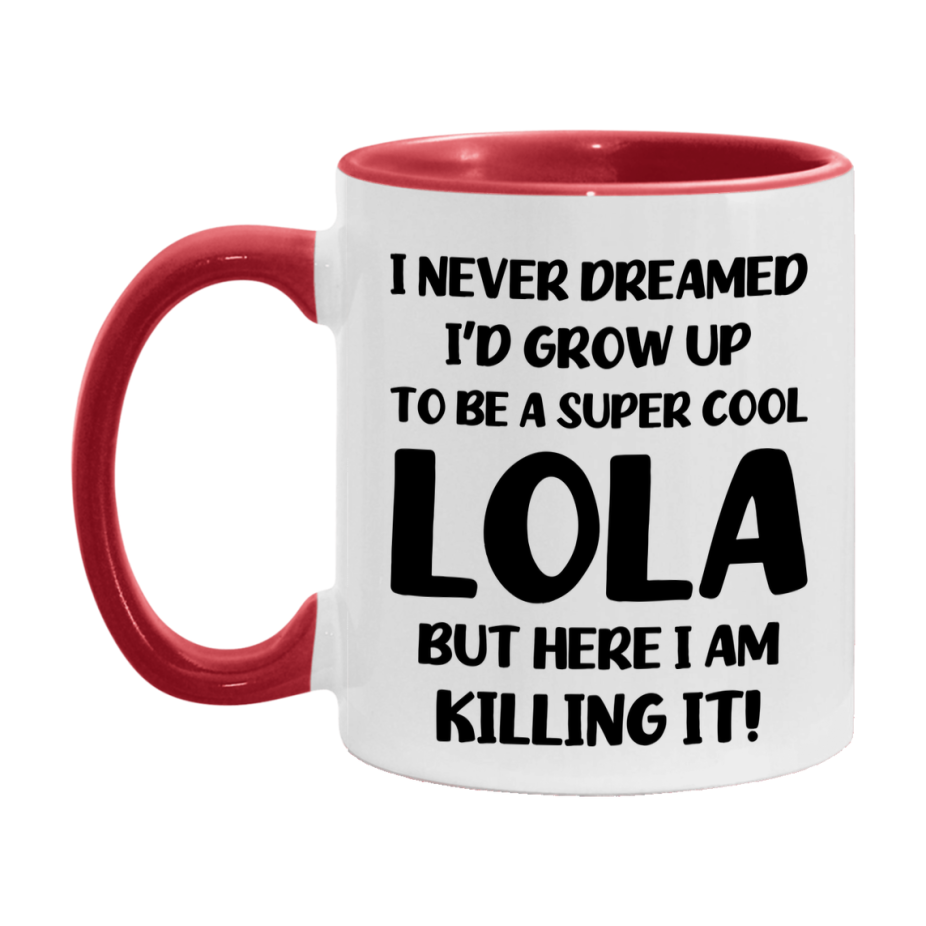 Funny Lola Mug - "I Never Dreamed I'd Grow Up To Be A Super Cool Lola" - White Ceramic Coffee Cup (11Oz Or 15Oz