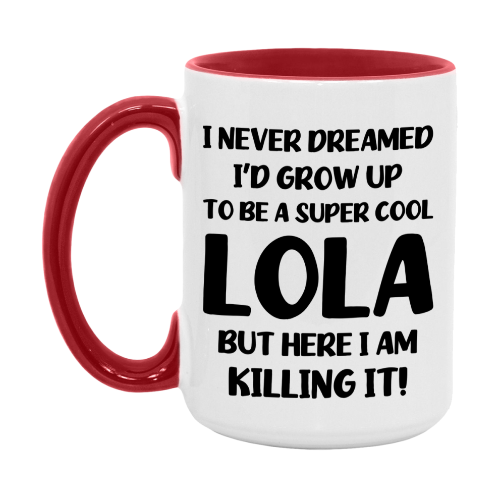 Funny Lola Mug - "I Never Dreamed I'd Grow Up To Be A Super Cool Lola" - White Ceramic Coffee Cup (11Oz Or 15Oz